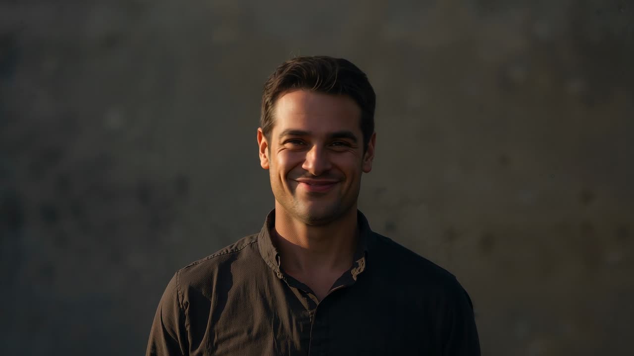 Hombre mirando a la cámara bajo una luz cálida, cerrando los ojos y luego abriéndolos sonriendo, mostrando calidez para marketing.