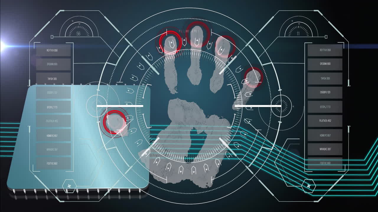 Fingerprint scanning and data analysis animation over digital interface