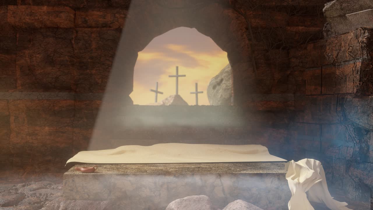 crucifixión y resurrección. tumba vacía de jesús con cruces en el fondo. pascua o concepto de resurrección render 3d