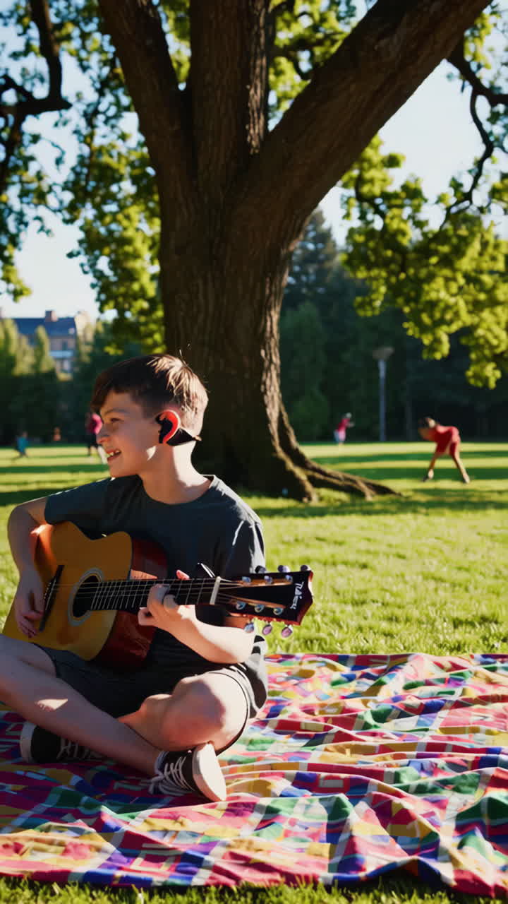En ung dreng, der spiller akustisk guitar på et picnictæppe i en park