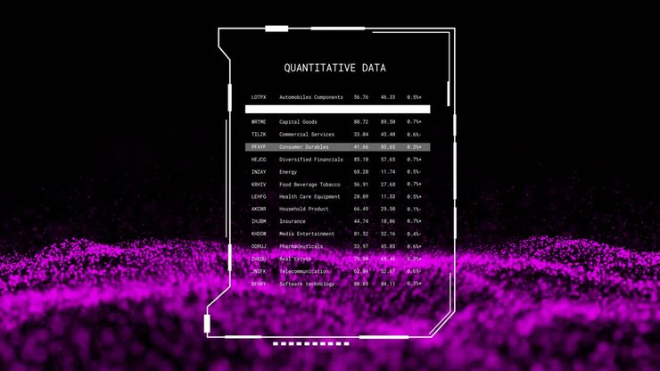 Animation of glitching interface processing quantitative data over pink network waves, on black