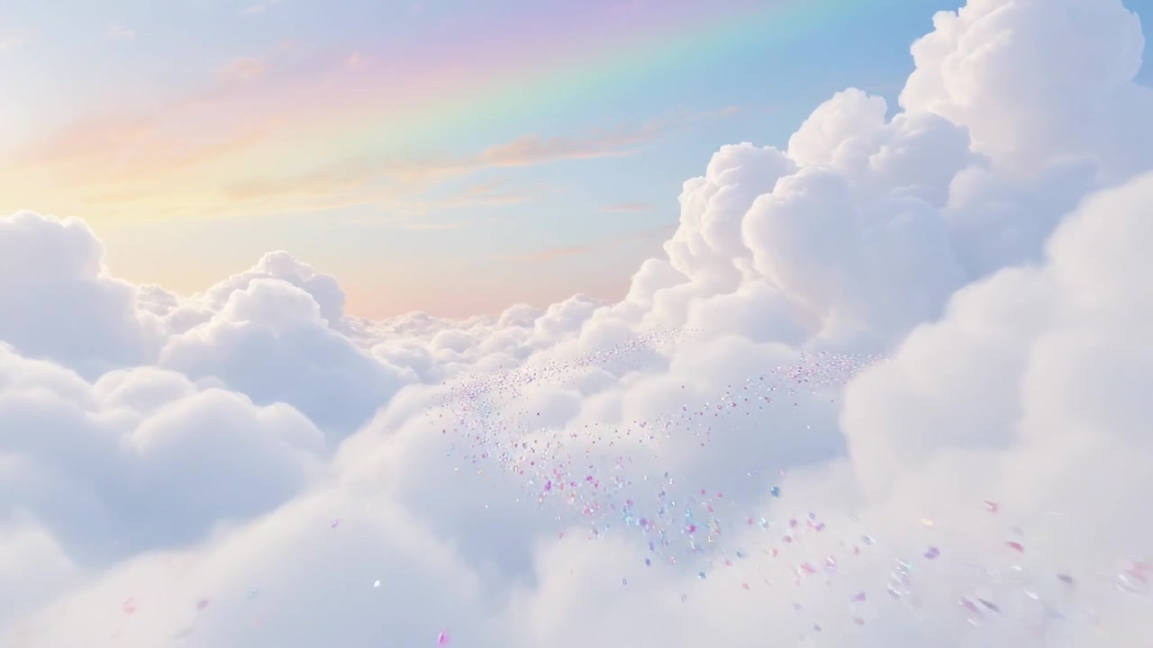 Moving camera approaching fluffy cloud bank at high altitude, with rainbow and colorful particles
