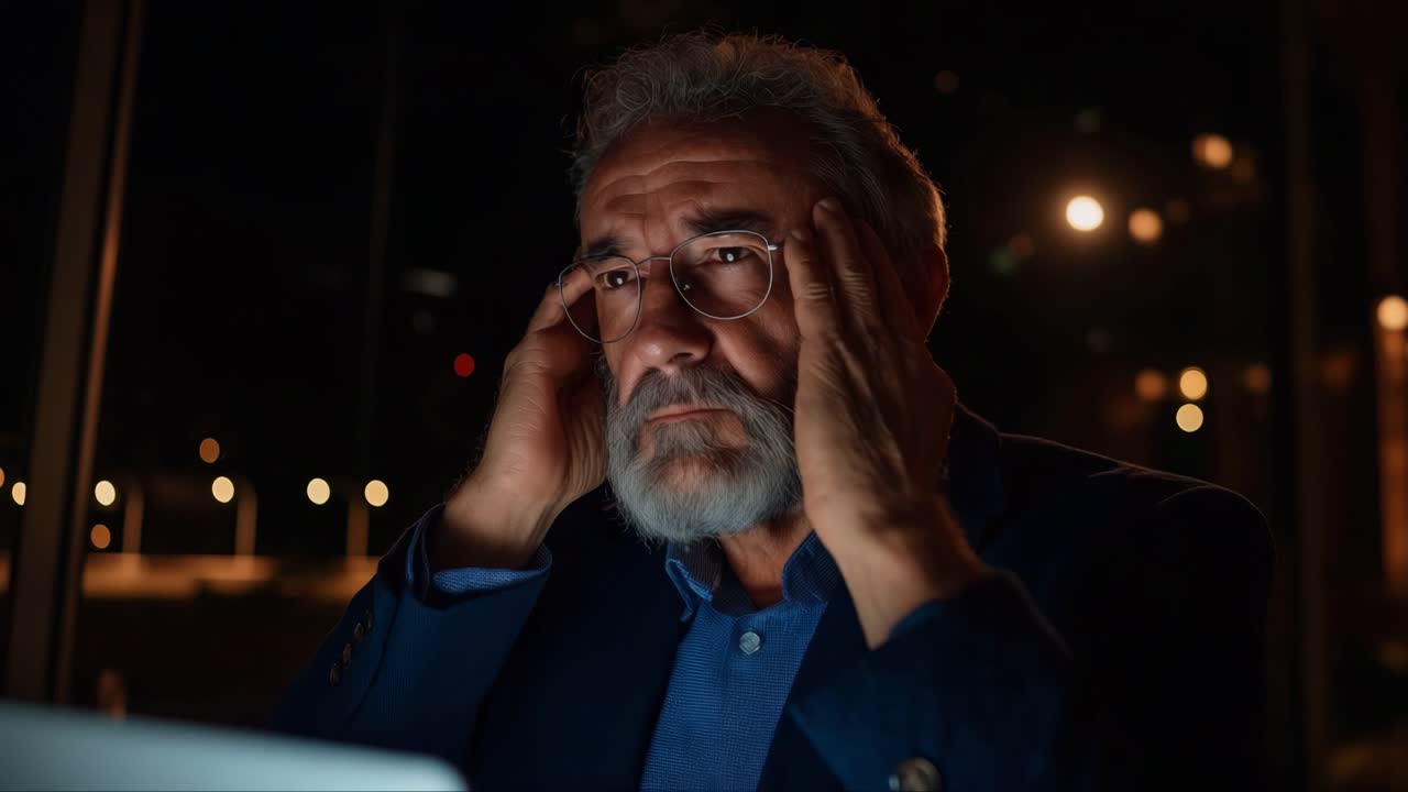 Elderly man looking stressed at night