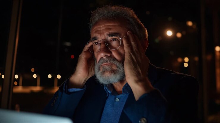 Elderly man looking stressed at night