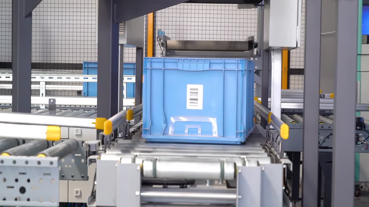 자동 스마트 창고 물류 관리 컨베이어 분류 시스템: 산업용 플라스틱 트레이를 분류하는 시스템.