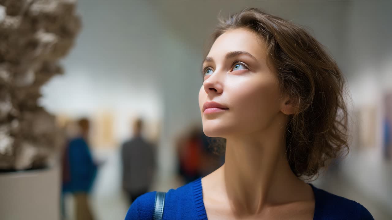 Captivating Moment: A Young Woman Observes Art in an Exhibit, Expressing Curiosity and Wonder While Surrounded by Soft Background Activity at a Gallery