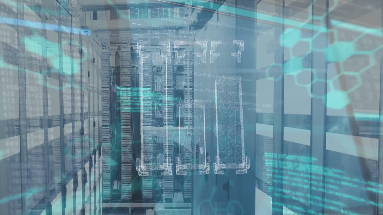 Animation of 3d abstract pattern, molecule structures and computer language over server room