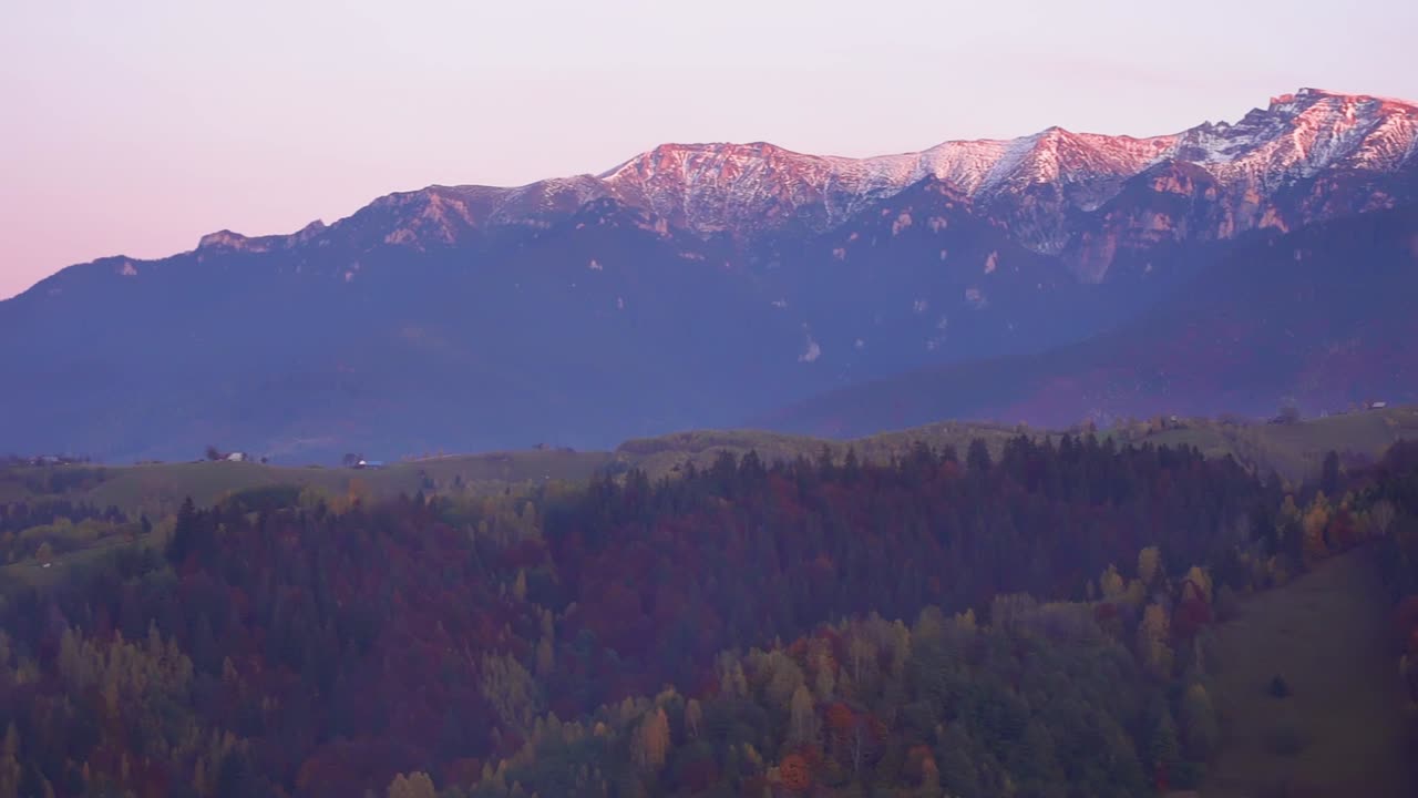 Stunning Autumn View On Piatra Craiului Mountains, Brasov County, Romania In Misty Morning, Panning Left