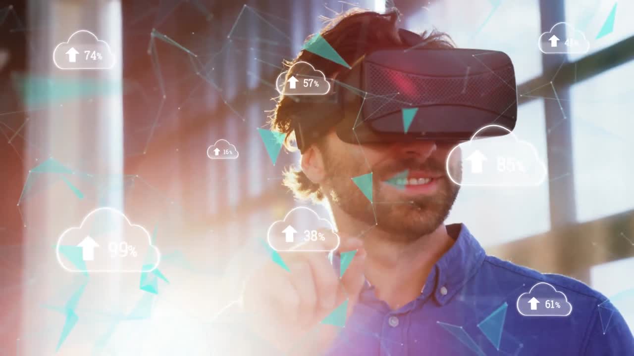 Uomo con visore VR e cloud di caricamento in progresso