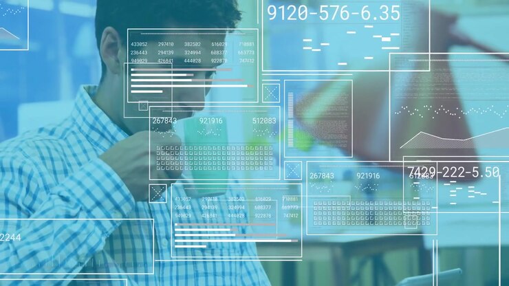 Man tapping tablet activating tech overlay sipping coffee resuming data analysis
