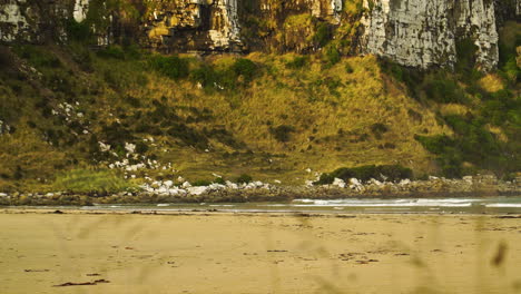 A-frontal-shot-of-a-mountain-under-which-steady-waves-hit-the-sandy-beach-in-Parakanui,-New-Zealand