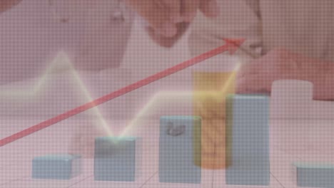 Animation-of-statistics-recording-with-red-arrow-over-doctor-picking-up-pills