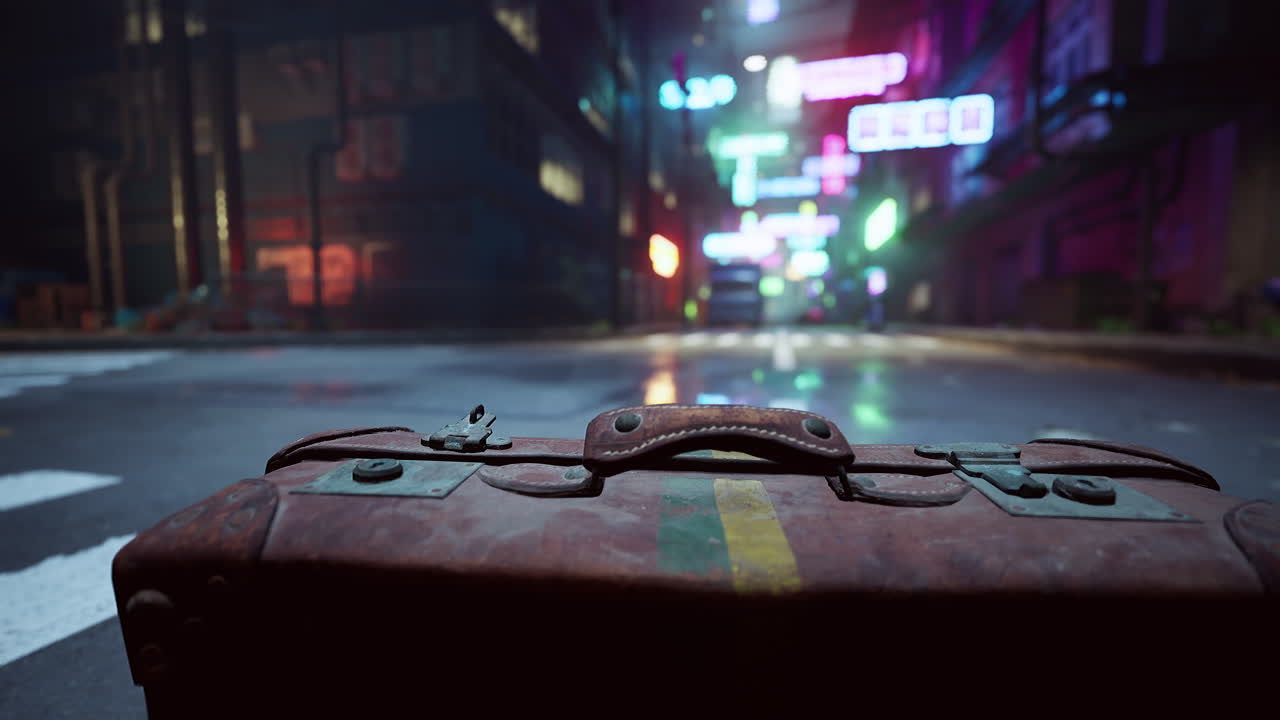 가방을 들고 있는 사이버 크 도시 거리