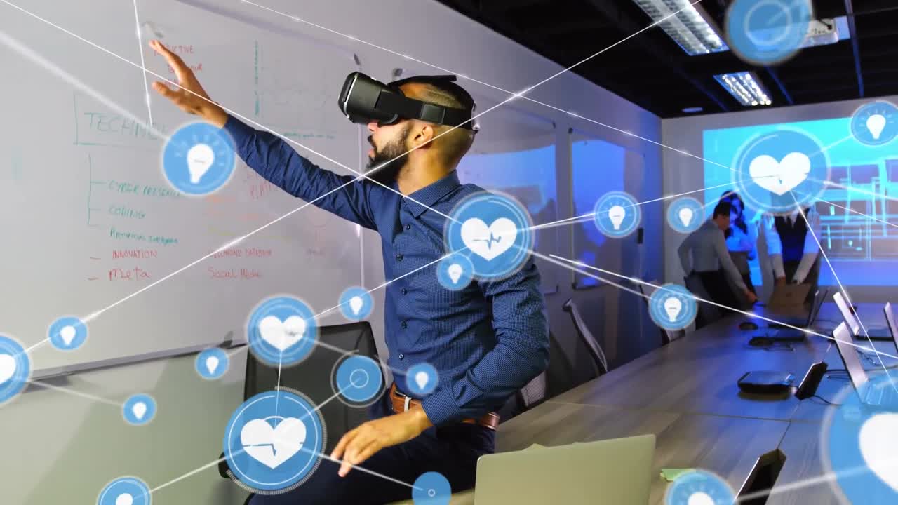 Animation of networks of connections and businessman wearing phone vr headset