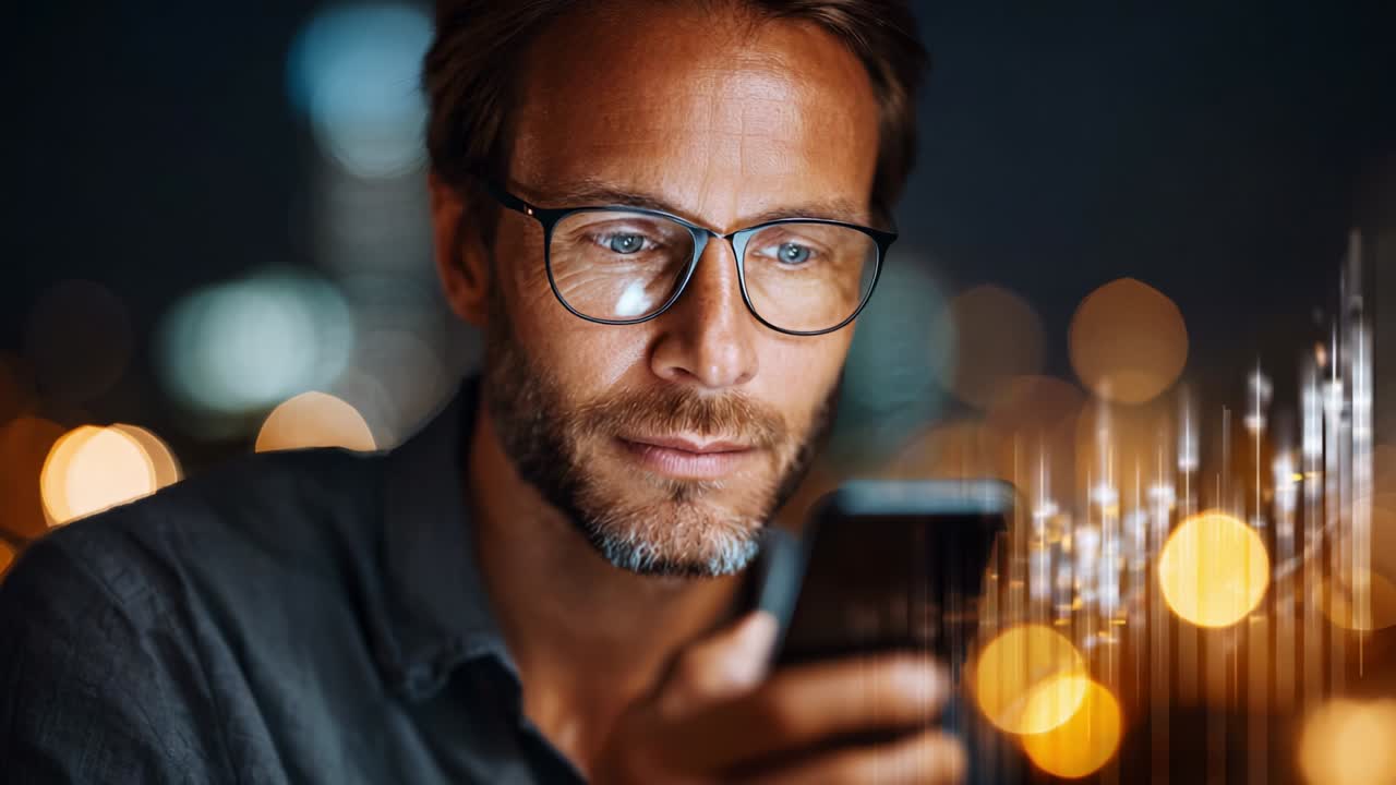 Focused man using smartphone at night, surrounded by soft glows of city lights, with digital data visualization elements representing technology, connectivity, and modern lifestyle in a captivating urban setting