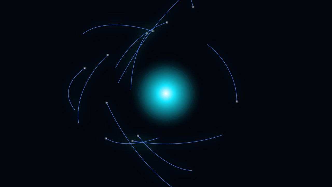 Modello astratto di atomo luminoso con particelle in orbita.