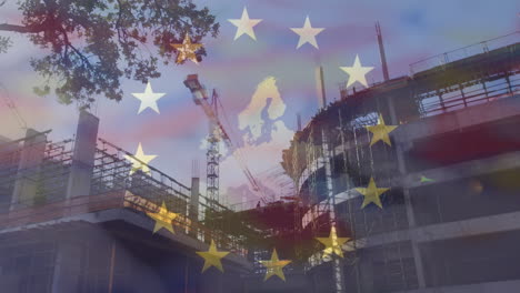 animation of european union flag and map over cityscape