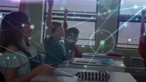 Animation-Des-Netzwerks-Von-Verbindungen-über-Verschiedene-Schulkinder,-Die-Im-Klassenzimmer-Lernen