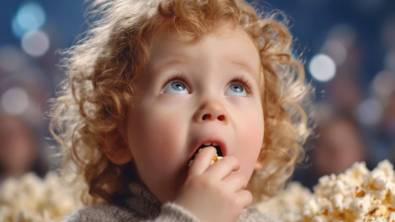 Et nysgerrigt barn ser opad med forundring: Omsluttet af et hav af popcorn fanger den lille sit publikum med sine lyseblå øjne og krøllede hår, der vækker glæde og uskyld.