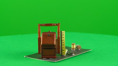 escala miniatura organizador de costura caja herramienta en un tocadiscos con pantalla verde para la eliminación de fondo 3d artesanía de madera hecha a mano