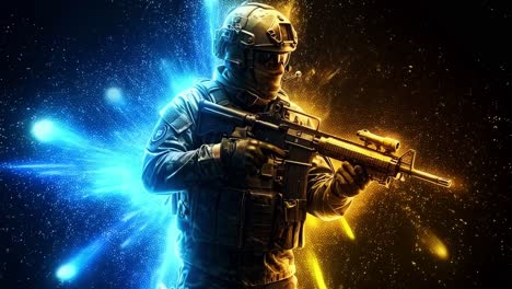 soldier in tactical gear displays advanced rifle amidst vibrant energy effects in an action-packed setting
