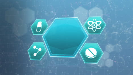 animation of icon in hexagons over connected dots against blue background