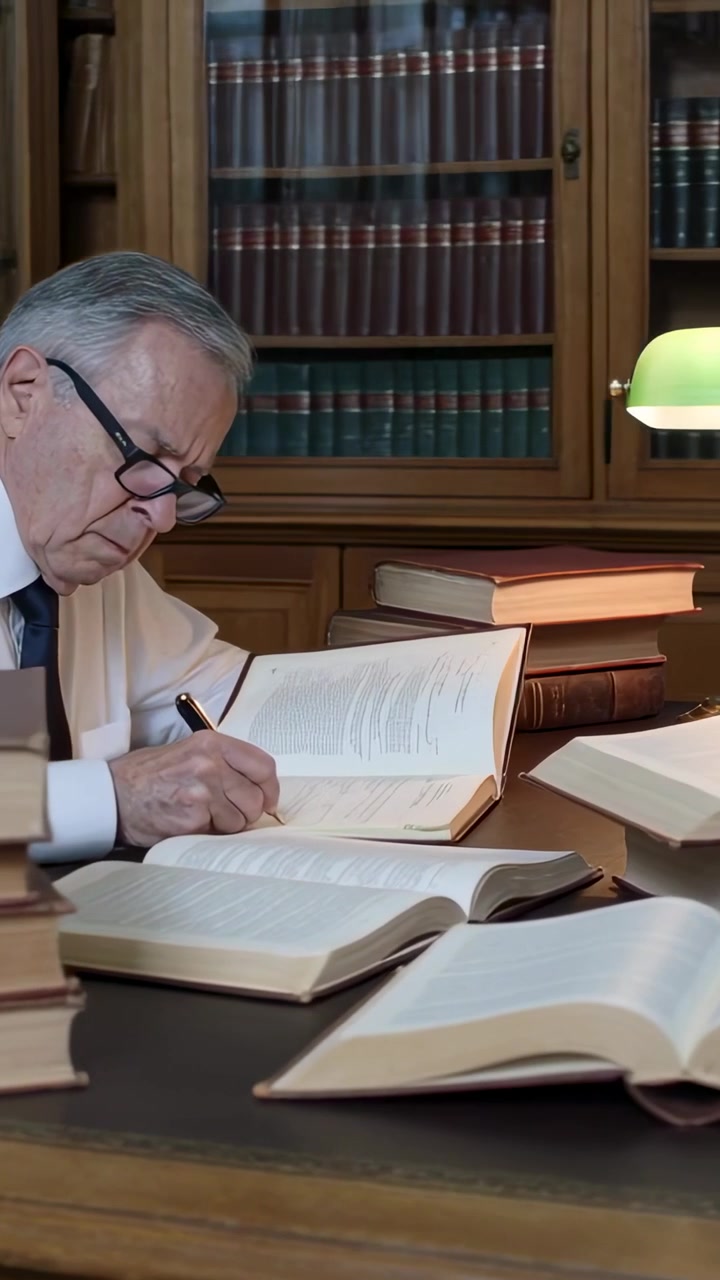 Verticale video: Voorovergebogen senior in overhemd onderzoekt boeken met pen onder een groene lamp aan een bureau.