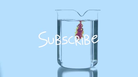 Animation-of-subscribe-over-lab-glass-with-reagent-on-blue-background