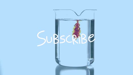 animación de suscribirse sobre vidrio de laboratorio con reactivo sobre fondo azul