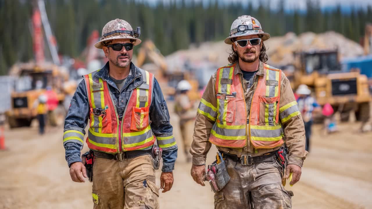 Two Construction Workers in Reflective Vests Walk Alongsite, Showcasing Teamwork and Dedication in Heavy Machinery Environment