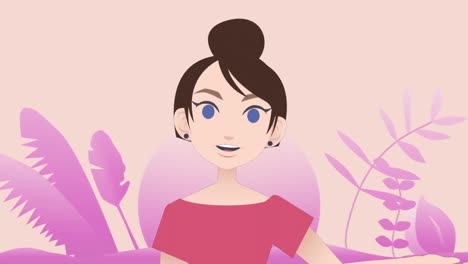 animation of caucasian businesswoman making presentation with flowers on pink background background