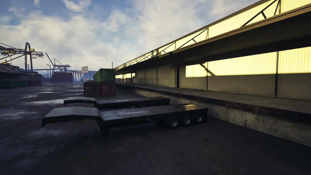 Cargo loading area at a shipping port with trailers parked