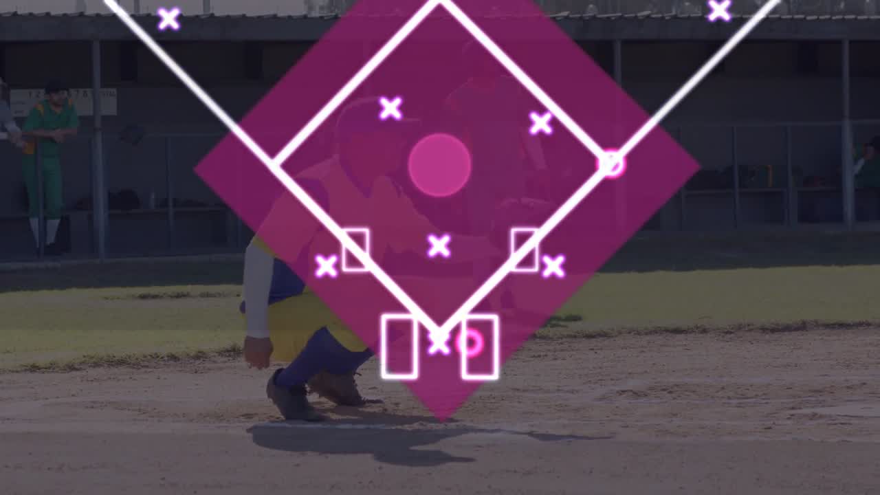 Ricevitore che si alza e cammina dopo l'apparizione di un diamante magenta che traccia un percorso giallo per delineare le tattiche di baseball.