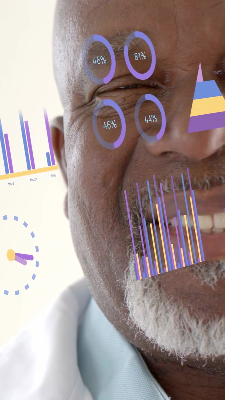 Vertical video: Senior doctor close-up sparking AR health charts shifting across face for diagnosis