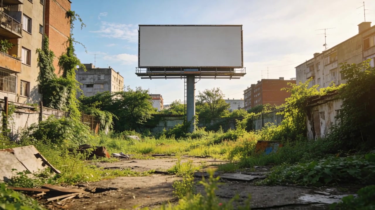 Lifting camera from cracked slab pushing forward through vacant lot showing blank billboard, weeds