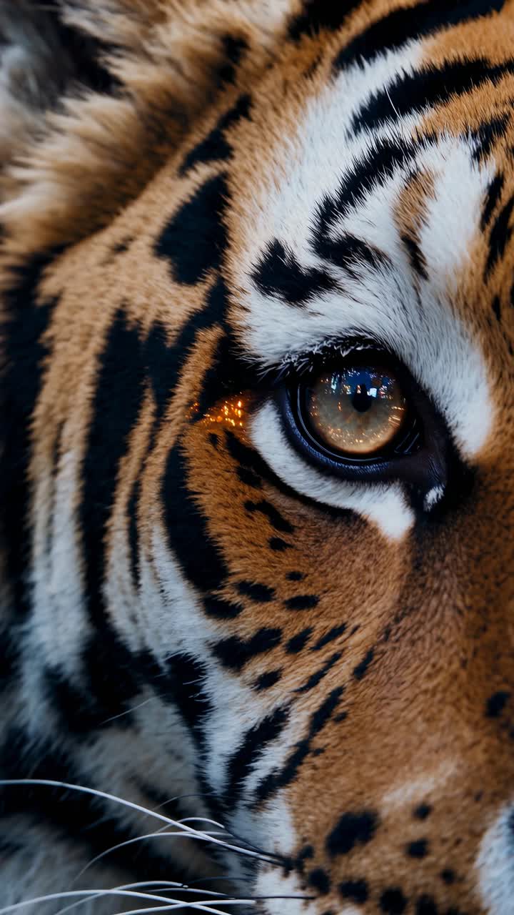 Close-up shot of a tiger's eye, capturing intricate fur patterns