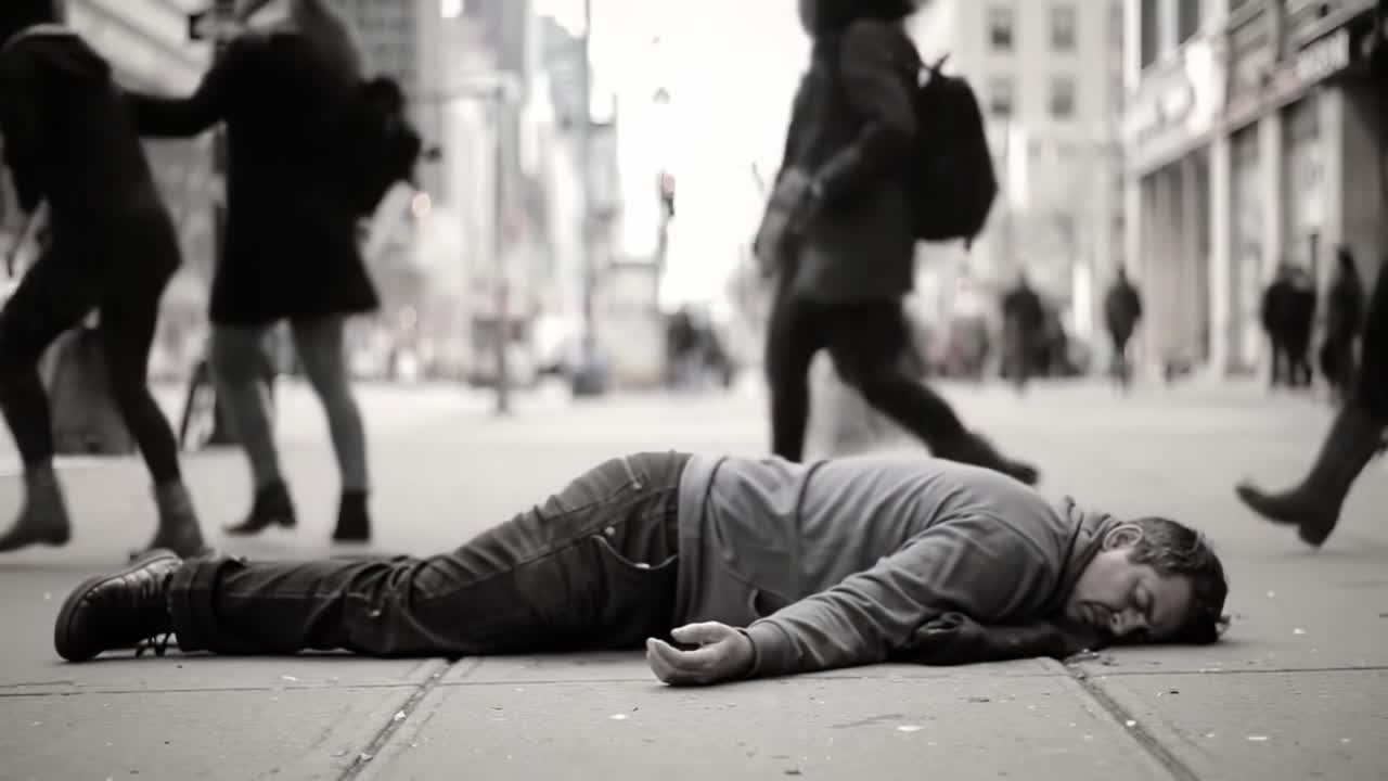 A Captivating Perspective on Urban Life: The Stark Contrast Between the Chaotic City Environment and the Unattended Figure Lying on the Ground
