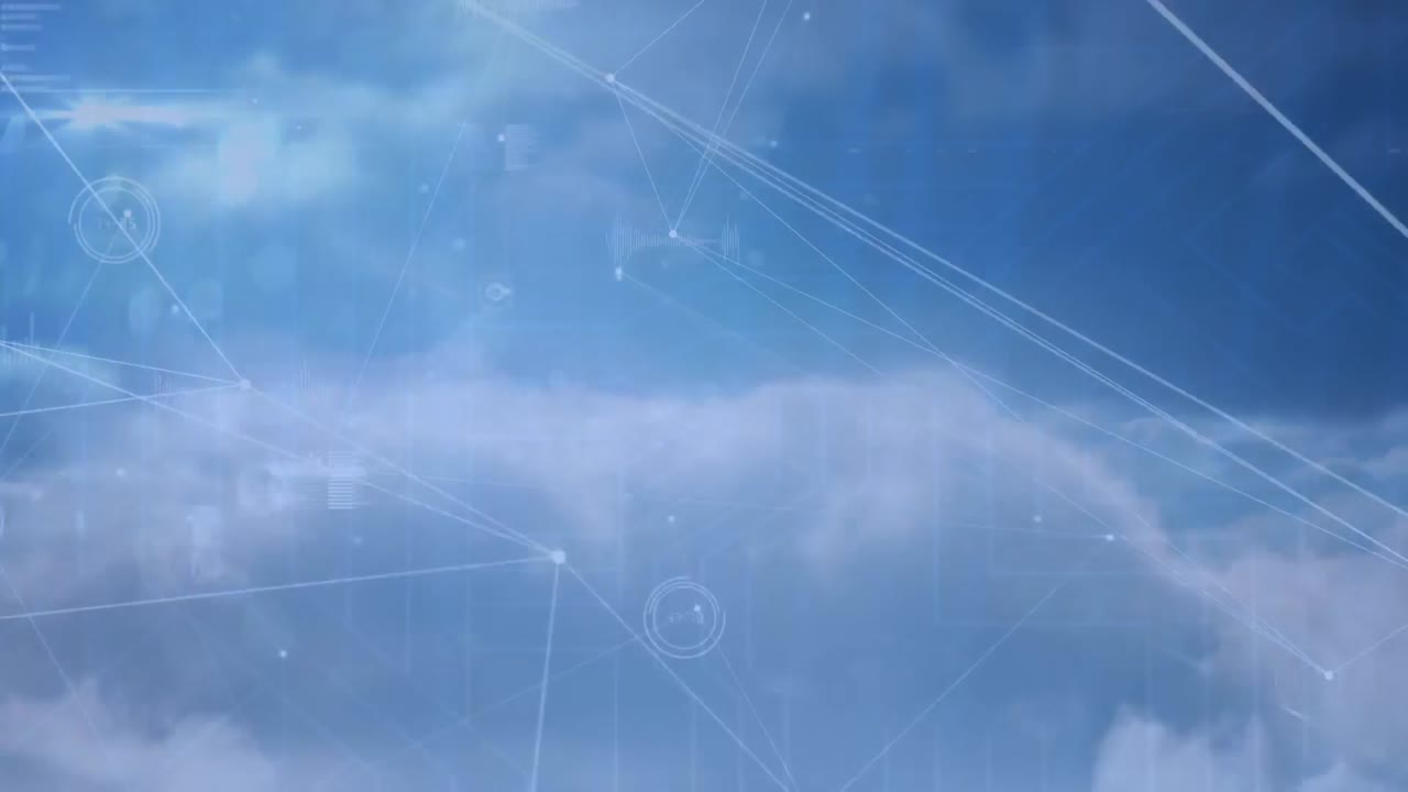 Digital animation of network of connections and data processing against clouds in blue sky