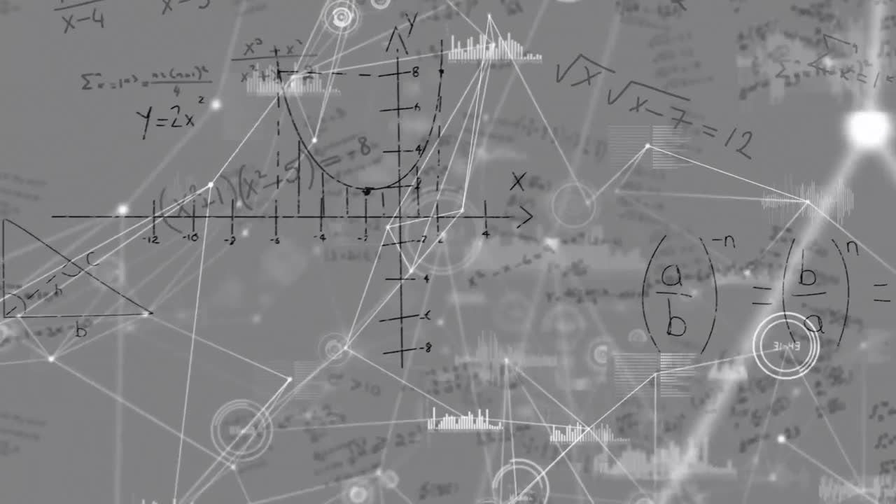 회색 배경에 떠다니는 수학 방정식에 대한 연결 네트워크