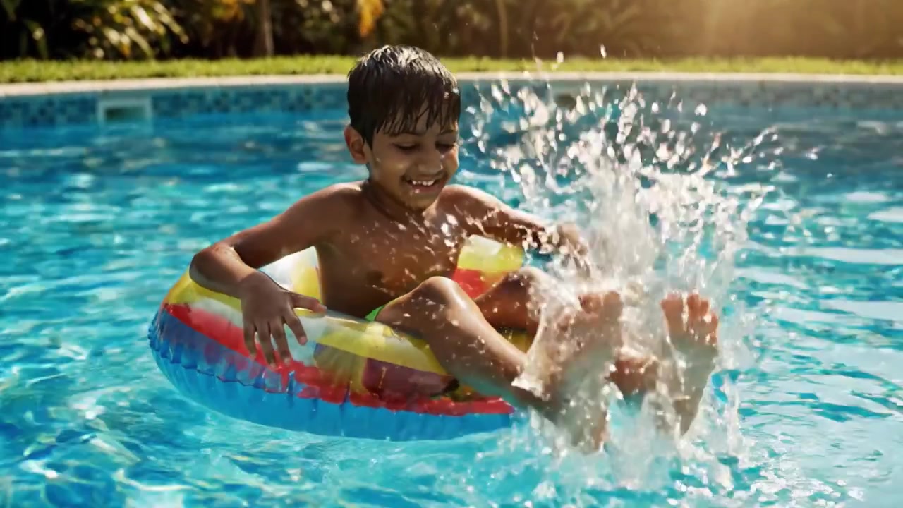 A Joyful Summer Day: A Young Boy Enjoys Floating on a Colorful Pool Ring in Crystal Clear Water, Embracing the Warmth of the Sun and Blissful Moments