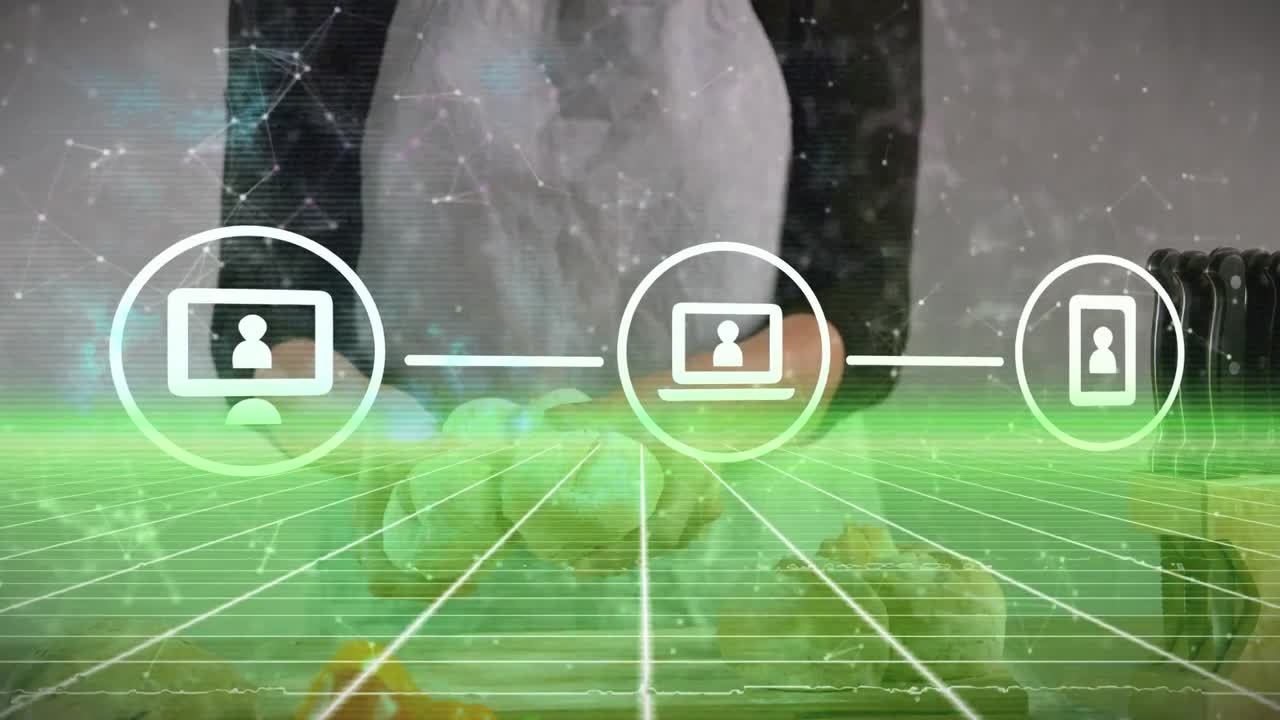 을 들고 있는 백인 여성 위의 아이콘과 연결망의 애니메이션.