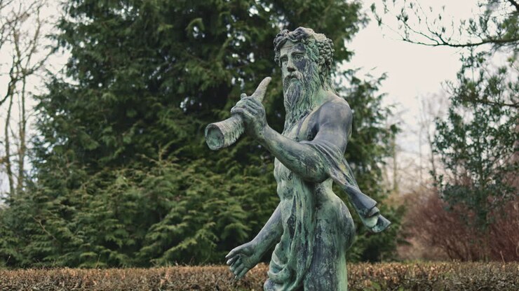 Statua in bronzo di una figura mitologica con un corno in mano, circondata da una vegetazione lussureggiante in un parco sereno di giorno.