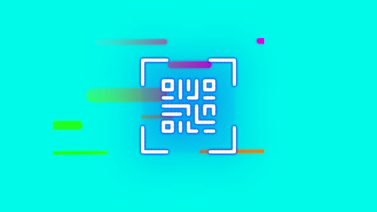 Animation of qr code over multicolored abstract pattern against blue background