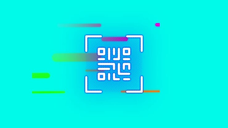 Animation eines QR-Codes über einem mehrfarbigen abstrakten Muster vor blauem Hintergrund