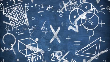 Digital-animation-of-multiple-school-concept-icons-against-mathematical-equations-on-blue-background