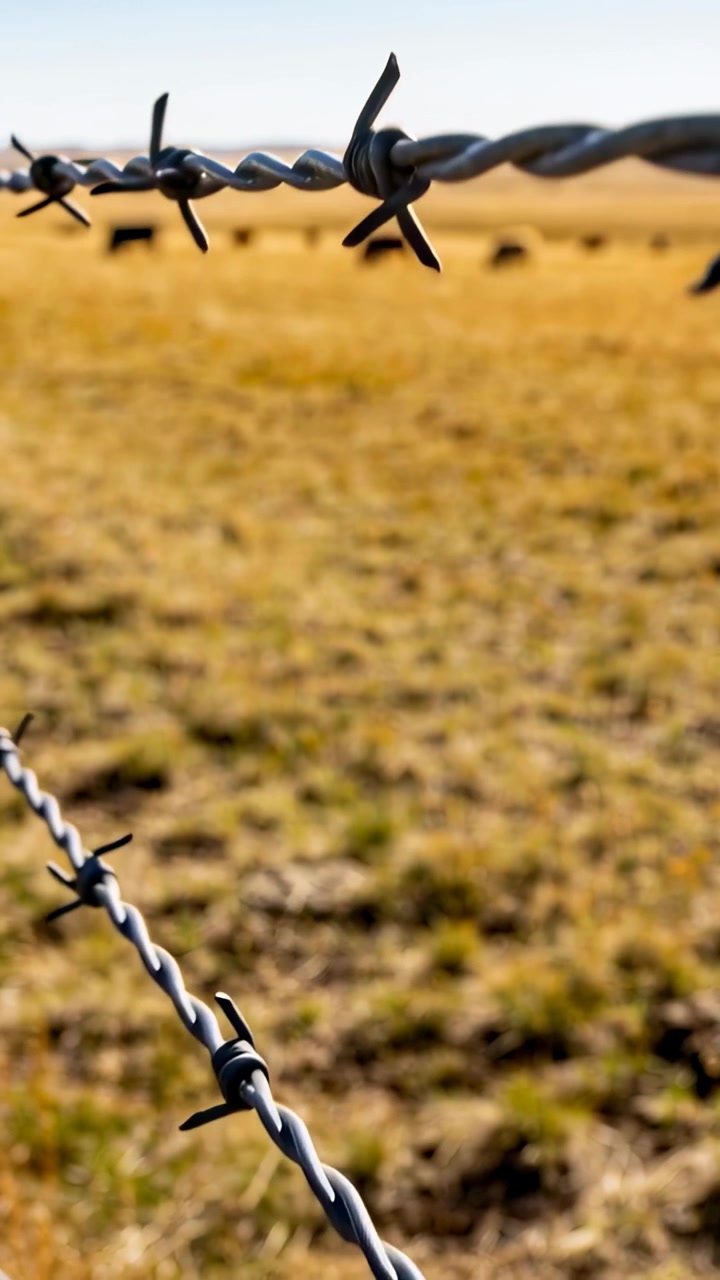 Vertical video: Pulling back camera revealing barbed-wire fence across dry pasture, showing cattle