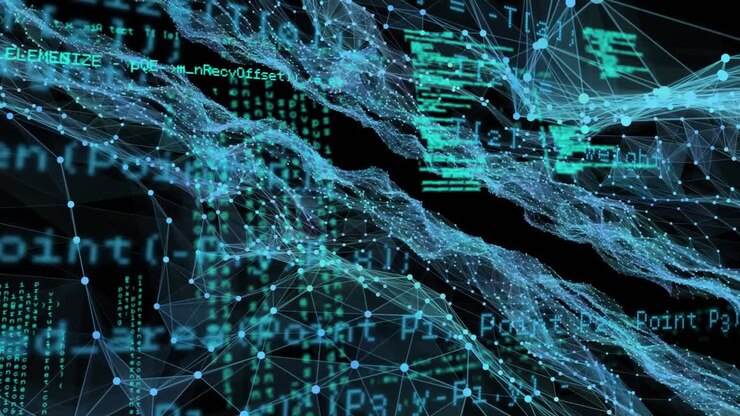 Data processing against network of connections on black background