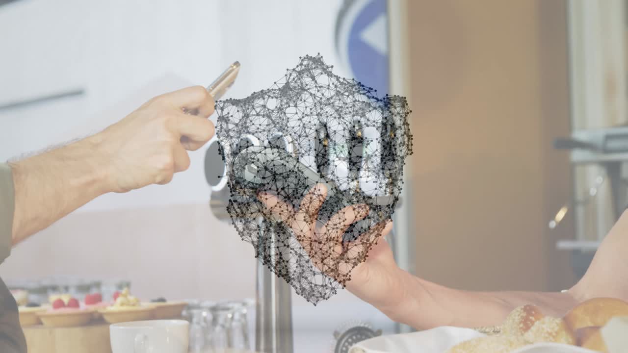 анимация сети соединений с защитным щитом над людьми, использующими платежный терминал