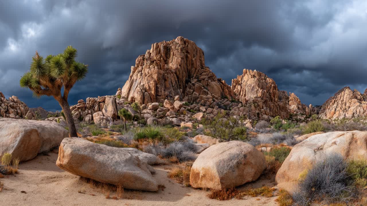 Dramatic Landscape of Rocky Wilderness Under Ominous Clouds: A Visual Journey Through Majestic Formations and Desert Vegetation