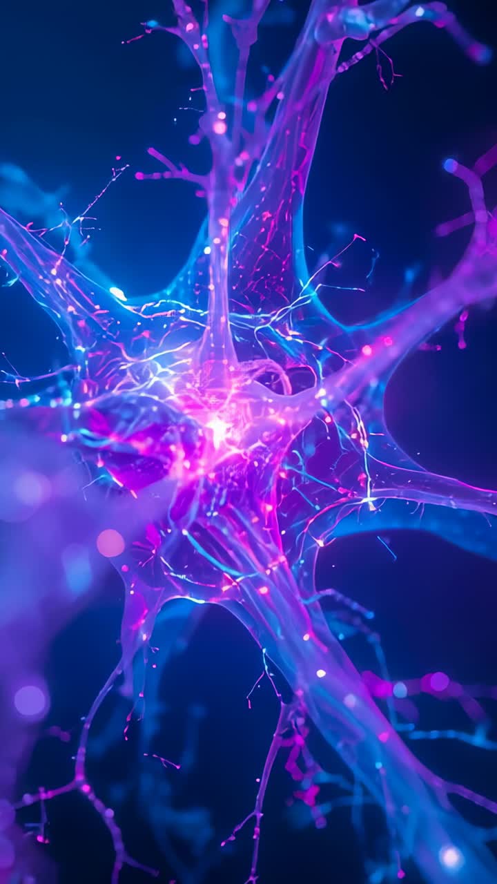 Vertical video: Starting camera circling neuron as pulses racing along dendrites in blue backdrop